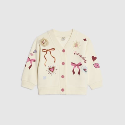 Mini Girls Cream Iconic Embroidered Cardigan