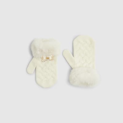 Mini Girls Cream Knitted Fur Bow Gloves