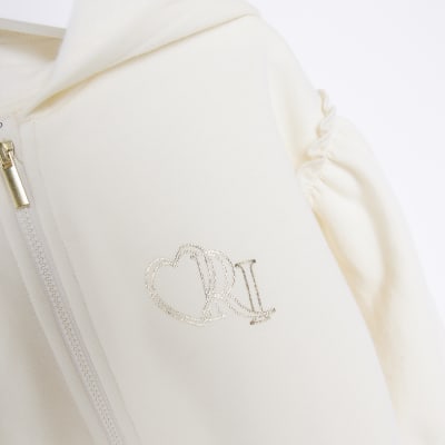 Mini girls cream marl zip front hoodie