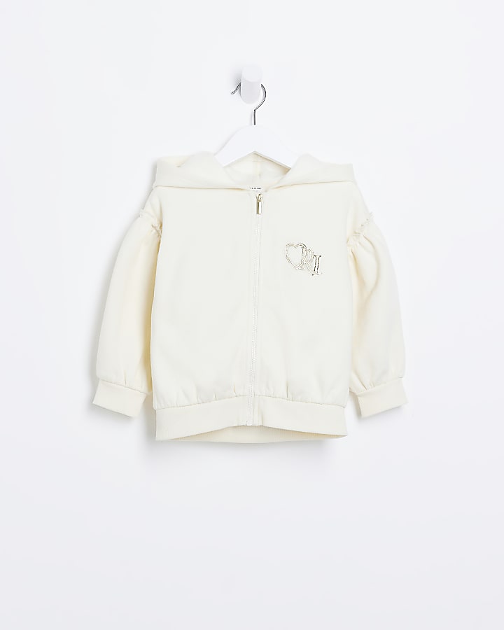 Mini girls cream marl zip front hoodie