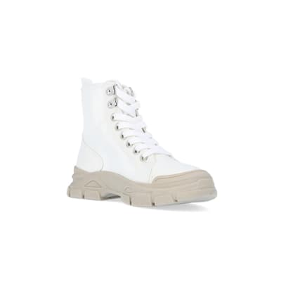 360 degree animation of product Mini Girls Cream Nushu Nylon Lace Up Boots frame-18