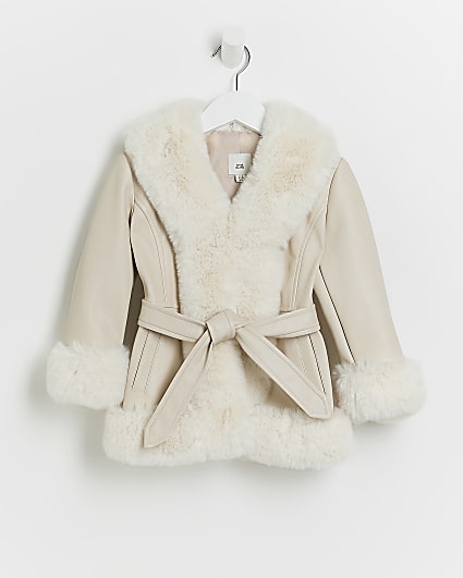 Mini girls cream PU faux fur wrap blazer