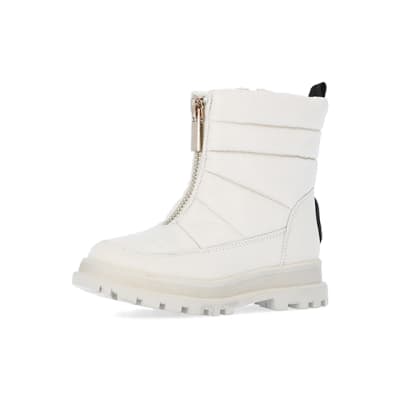 Mini Girls Cream Quilted Zip Front Snow Boots