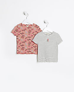 Mini girls cream rib stripe t-shirts 2 pack