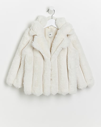 Mini Girls Cream Ribbed Faux Fur Coat