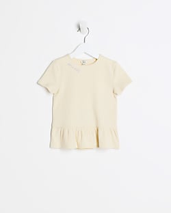 Mini girls Cream Ribbed Peplum T-shirt