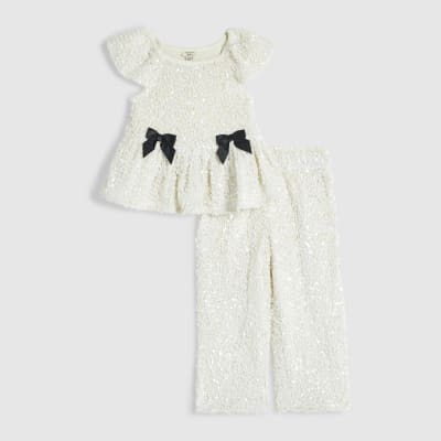 Mini Girls Cream Sequin Bow Peplum Set