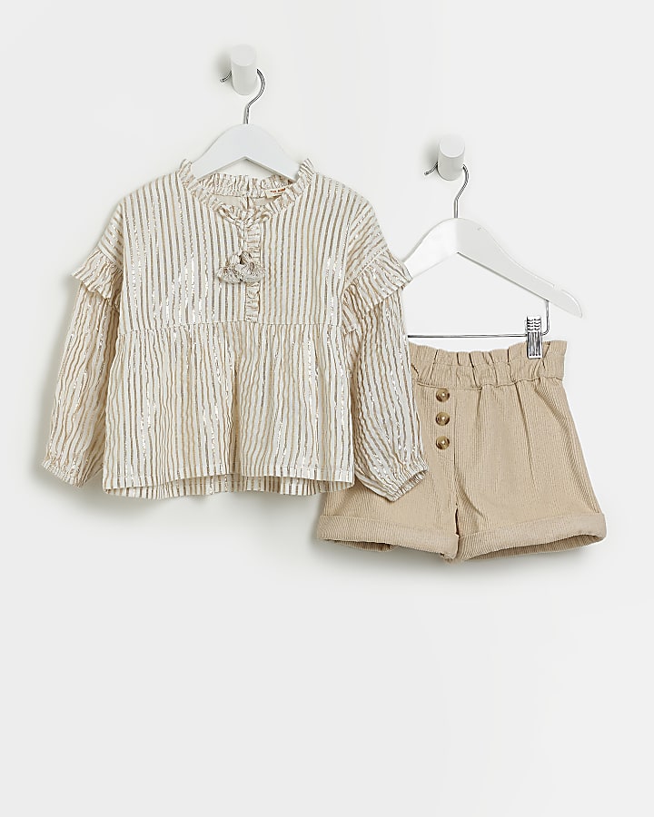 Mini Girls Cream Stripe Blouse and Shorts Set