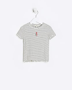 Mini girls cream striped embroidered t-shirt