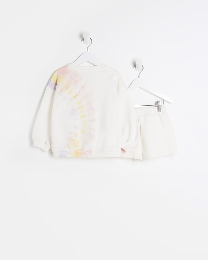 Mini girls cream tie dye shorts sweat outfit | River Island