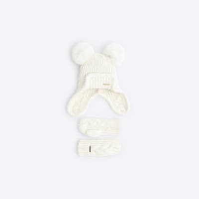 Mini Girls Cream Trapper Hat and Mittens Set River Island