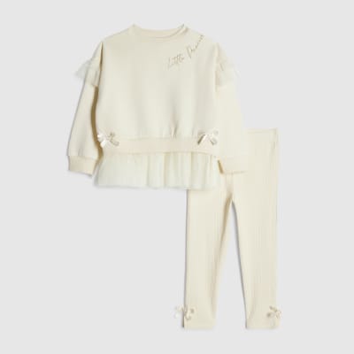 Mini Girls Cream Tulle Bow Sweatshirt Set