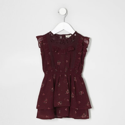 Mini girls dark red floral frill lace dress