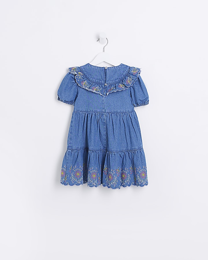 Mini girls denim embroidered frill dress