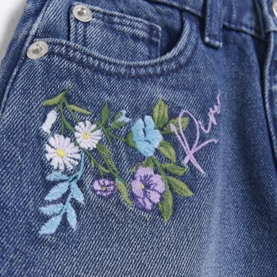 Mini Girls Denim Floral Embroidered Skirt