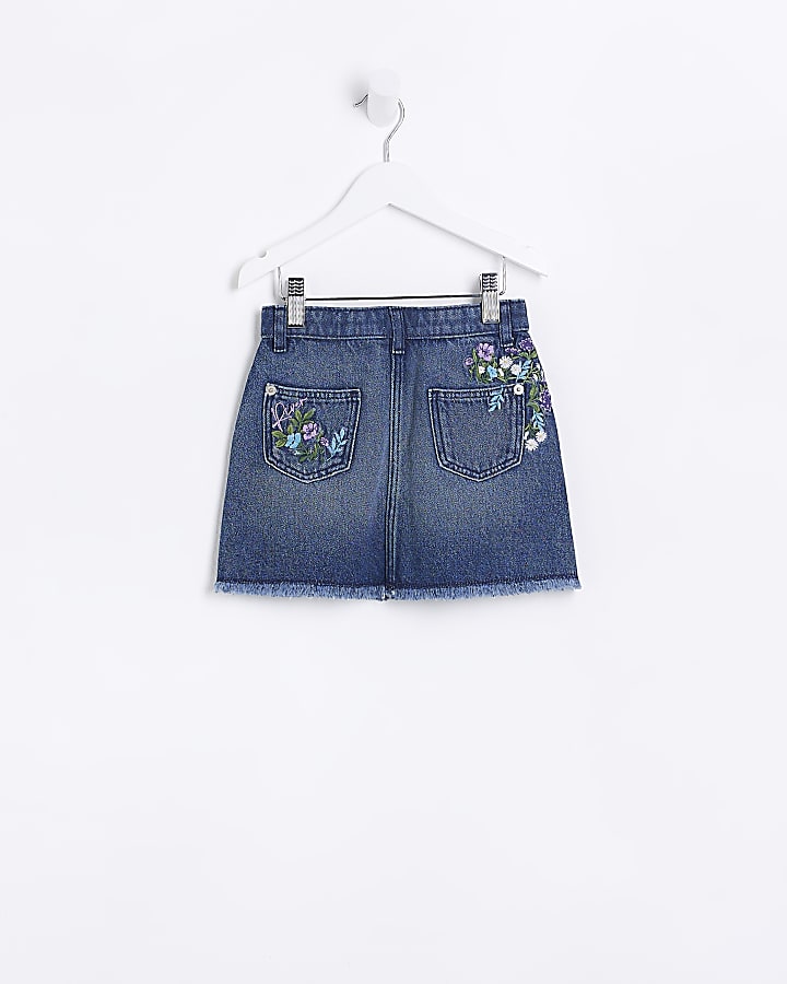 Mini Girls Denim Floral Embroidered Skirt