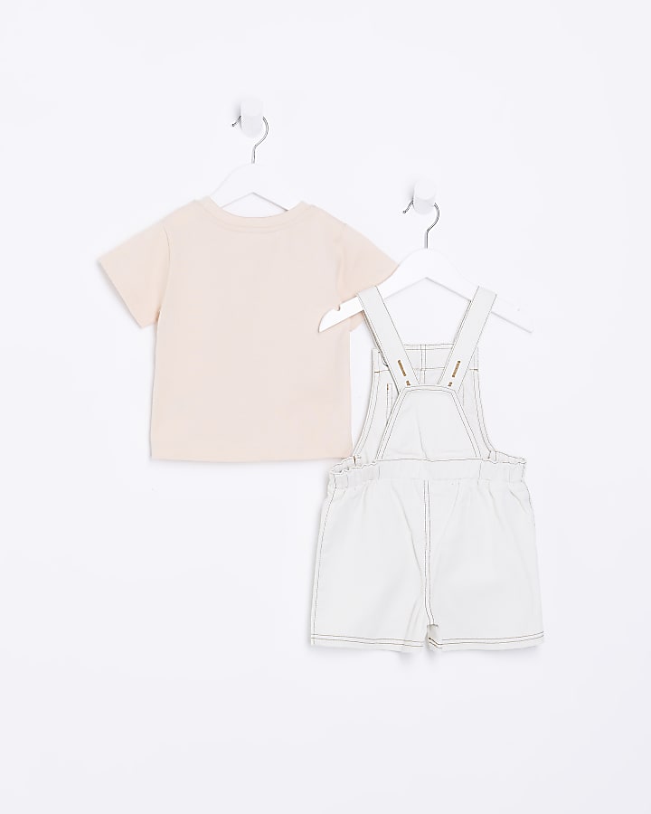 Mini girls ecru dungaree and t-shirt set