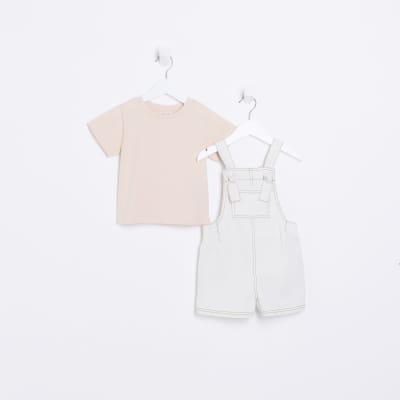 Mini girls ecru dungaree and t-shirt set