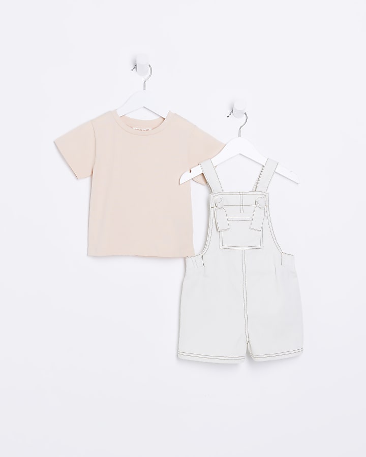 Mini girls ecru dungaree and t-shirt set