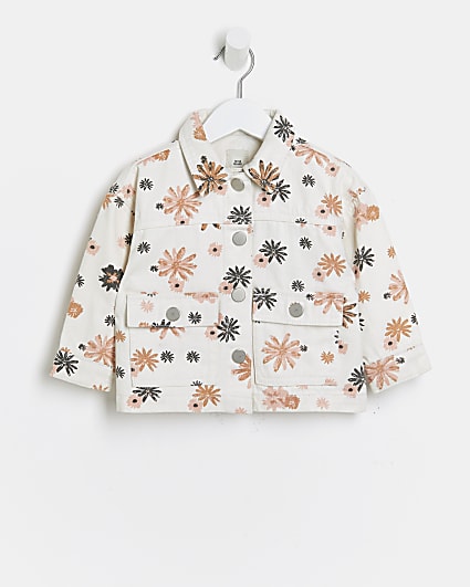 Mini girls ecru floral denim jacket
