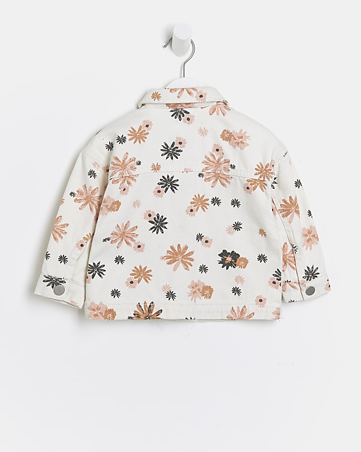 Mini girls ecru floral denim jacket