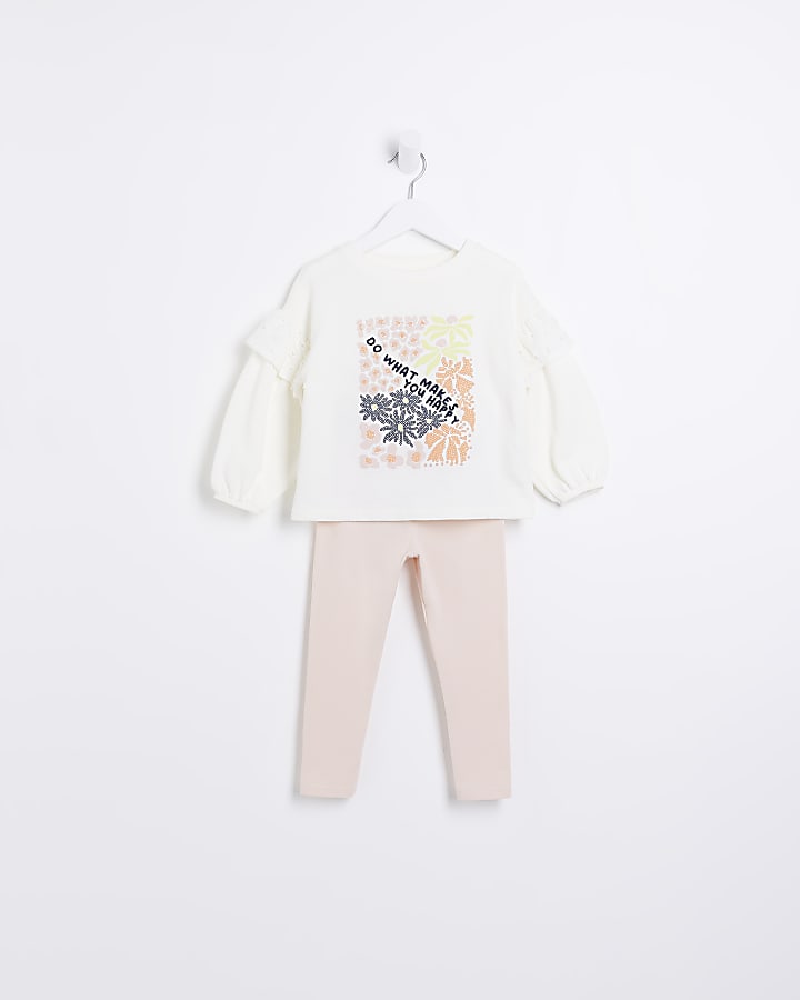 Mini Girls Ecru Floral Graphic Sweatshirt Set