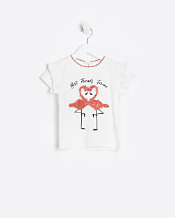 Mini girls ecru mesh flamingo graphic t-shirt