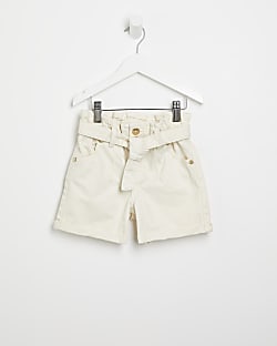 Mini girls ecru paperbag belted shorts