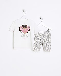 Mini girls ecru print t-shirt and shorts set