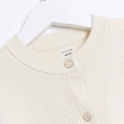 Mini girls ecru ribbed frill cardigan
