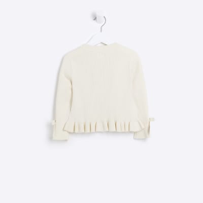 Mini girls ecru ribbed frill cardigan