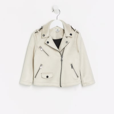 Mini Girls Ecru suedette Biker jacket River Island