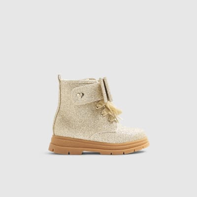Mini Girls Gold Glitter Lace Up Boots
