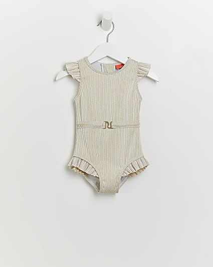Mini girls gold lurex frill belted swimsuit