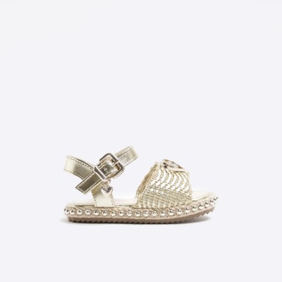 Mini girls gold woven studded sandals River Island