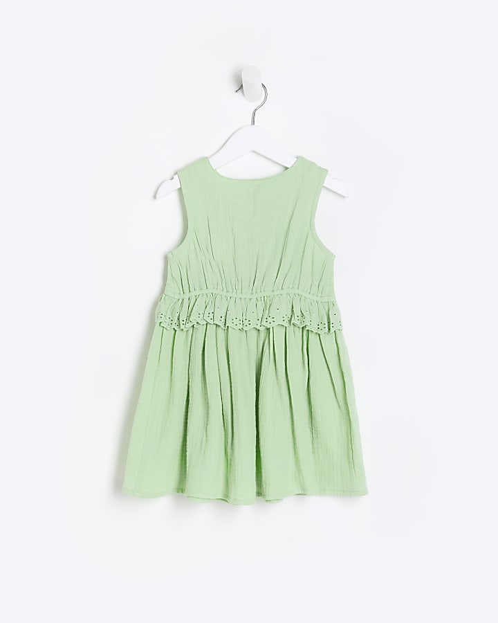 Mini girls green broderie detail peplum dress