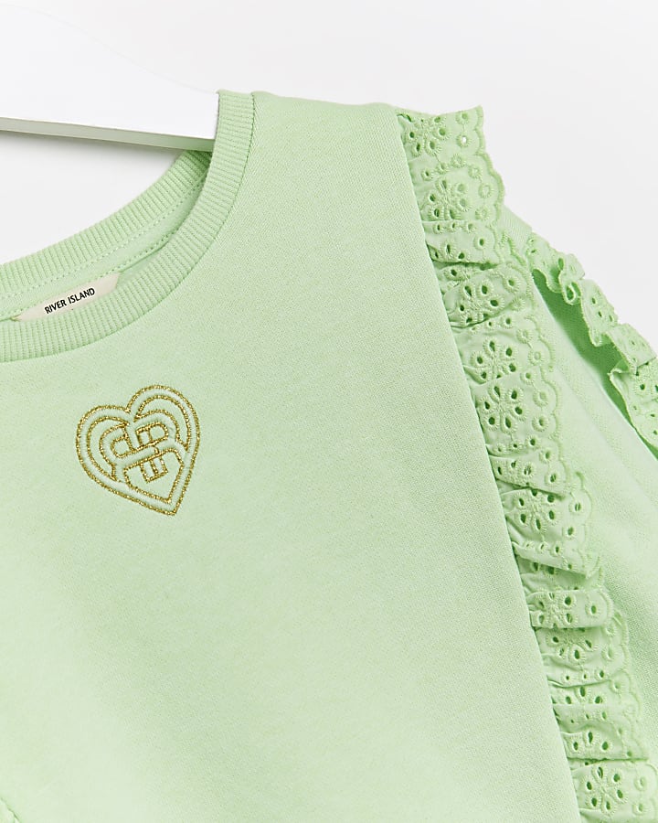 Mini girls green broderie ruffle Sweatshirt