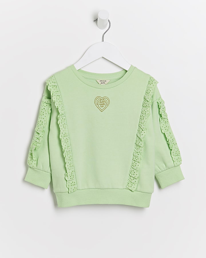 Mini girls green broderie ruffle Sweatshirt