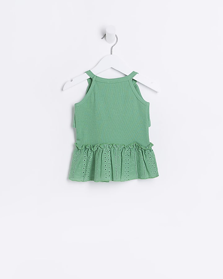 Mini Girls Green Broidery Peplum Cami Top