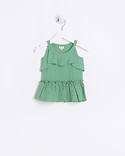 Mini Girls Green Broidery Peplum Cami Top