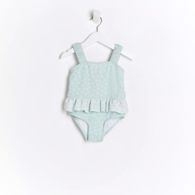 Mini Girls Green Daisy Peplum Swimsuit | River Island