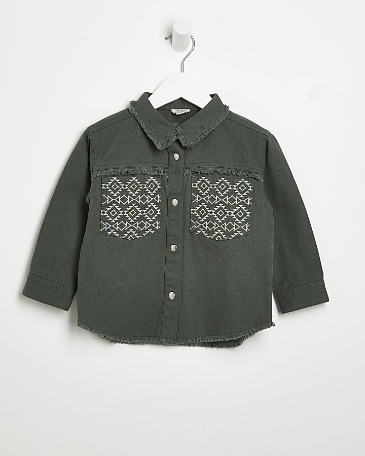 Mini girls green embroidered oversized shirt