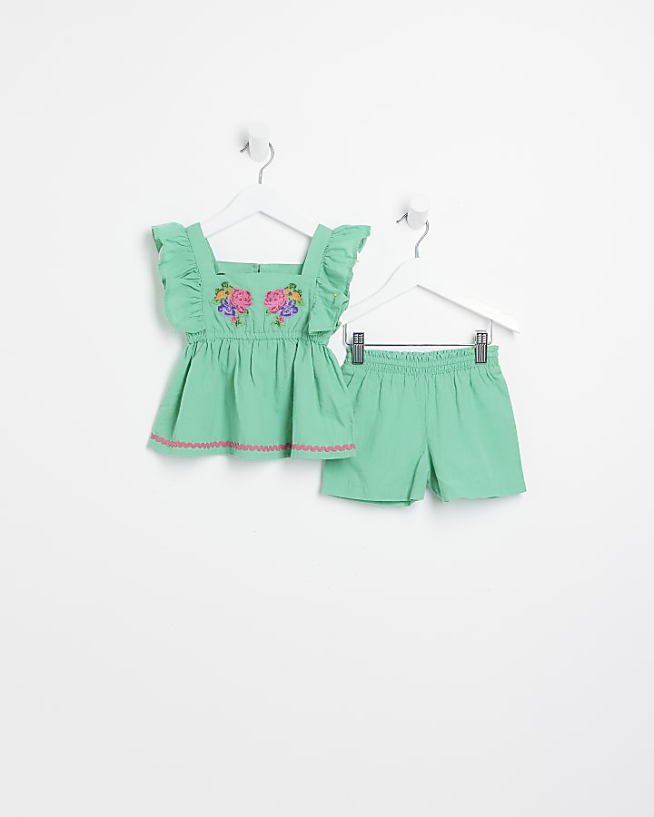Mini Girls Green Embroidered Shorts Set