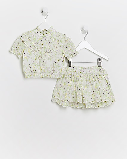 Mini girls green floral top and skirt outfit