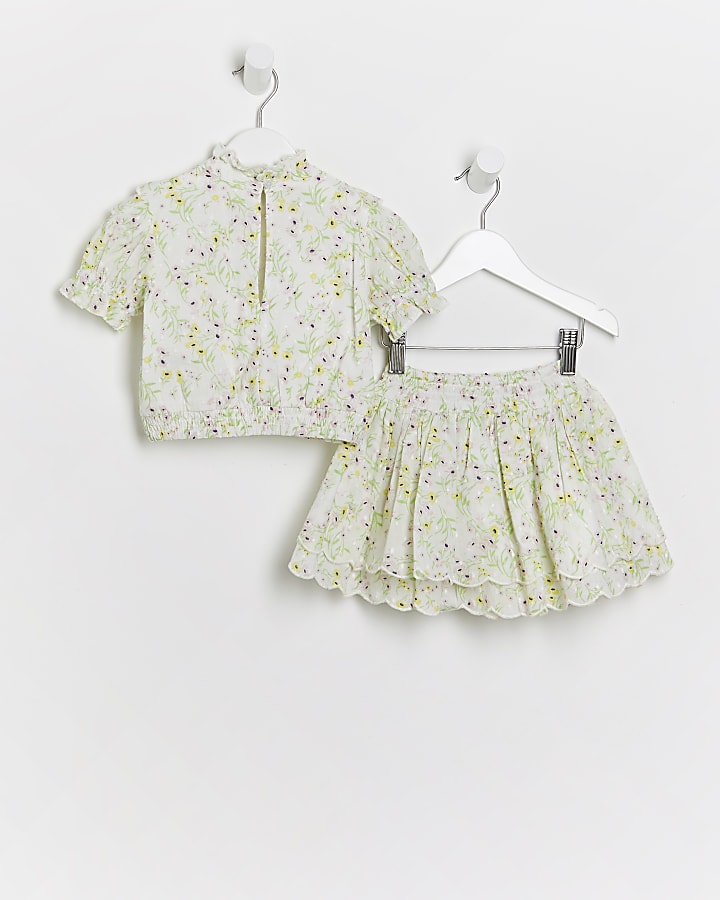 Mini girls green floral top and skirt outfit
