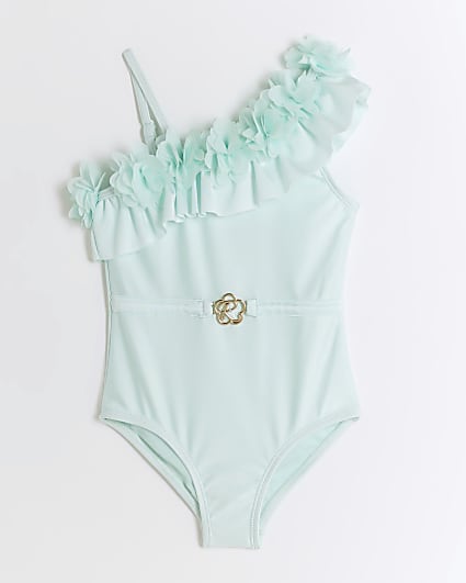 Mini girls green frill asymmetric swimsuit