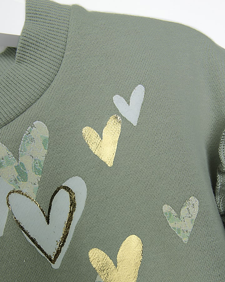 Mini Girls Green Heart Graphic Sweatshirt Set