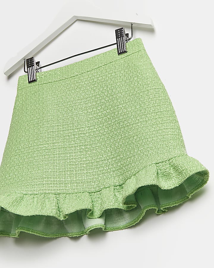 Mini girls green peplum frill boucle skirt