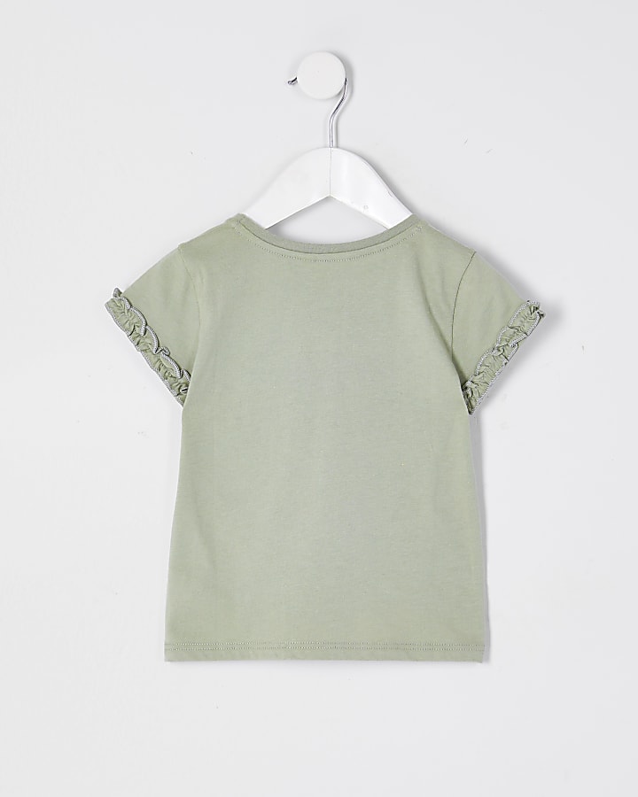 Mini girls green RI ruffle sleeve t-shirt