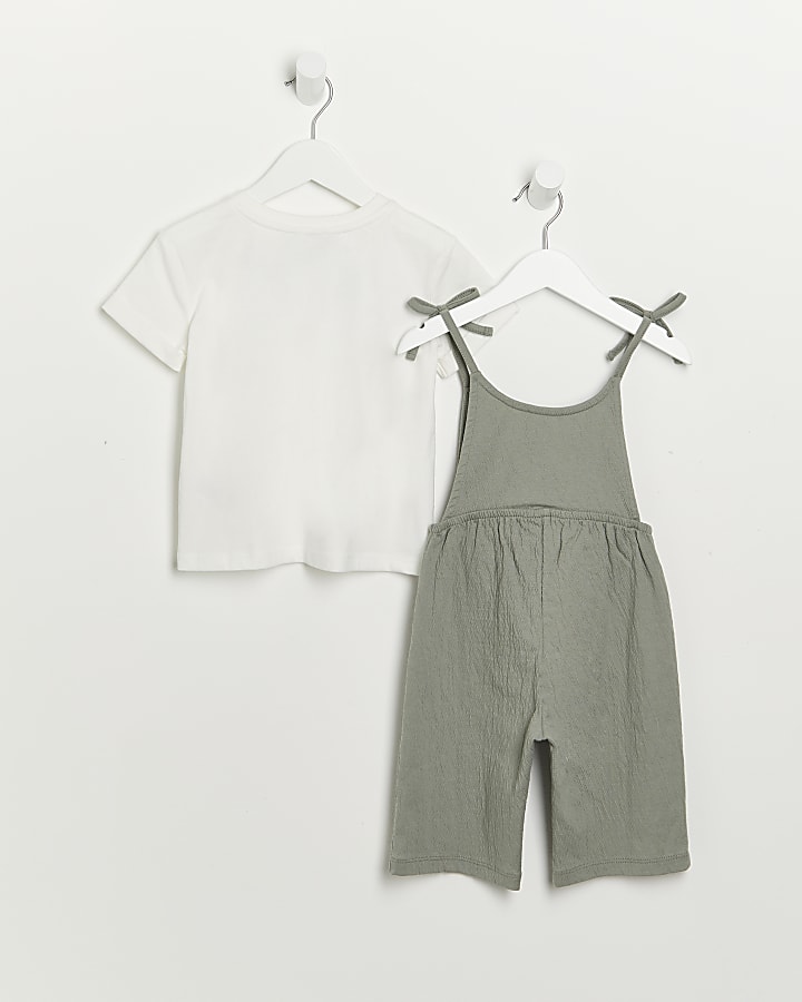 Mini girls green t-shirt and jumpsuit outfit